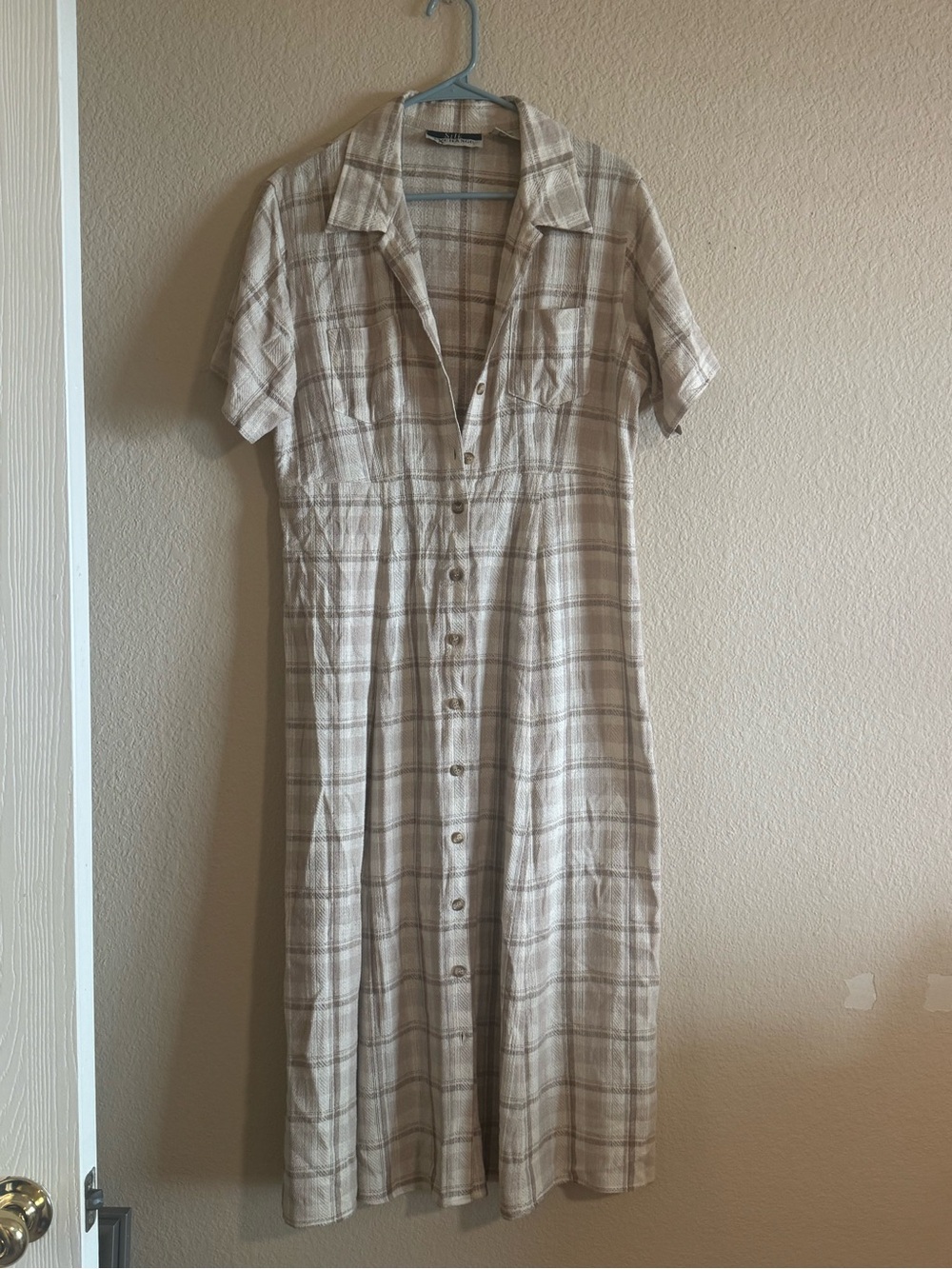 Plaid Button-Front Maxi Dress in Light Tan